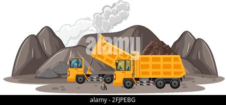 Scenario minerario del carbone con illustrazione dei dumper da costruzione Illustrazione Vettoriale