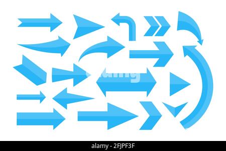 Set di frecce blu diverse. Simbolo di navigazione a forma di cartoni animati. Cursore puntatore elemento infografico. Simbolo grafico semplice su, sinistra, destra, giù. Lettore di interfaccia, modo, app. Illustrazione vettoriale Illustrazione Vettoriale