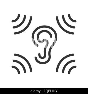 Icona dell'orecchio. Esposizione al rumore da tutti i lati. Vendita di apparecchi acustici. Logo del Dottore di Otolaringologia. Tratto modificabile. Illustrazione Vettoriale