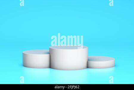 Podio vuoto, modello ripiano prodotti. Piedistallo cilindrico grigio su sfondo blu. rendering 3d. Foto Stock