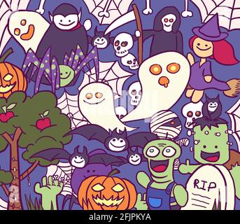 Halloween doodle cartone animato. Illustrazione spooky ma carino del mostro di halloween Foto Stock