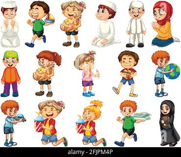 I bambini che fanno diverse attività cartoni animati set di caratteri su sfondo bianco illustrazione Illustrazione Vettoriale