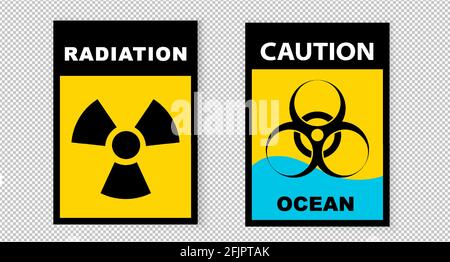 Segnale di radiazione. Iscrizione nera su sfondo giallo. Illustrazione del vettore di pericolo di radiazioni d'acqua. A4 cartello giallo di pericolo biologico Illustrazione Vettoriale