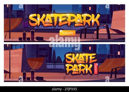 Striscioni per skate Park con pulsante di iscrizione. Cartoni animati vettoriali di skatepark con rampe, graffiti sulla parete e aerosol per disegnare di notte. Parco giochi per attività sportive estreme Illustrazione Vettoriale