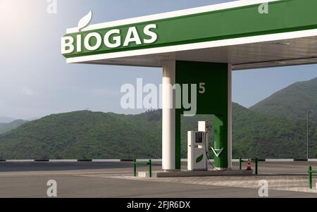 Stazione di riempimento biogas. Concetto di trasporto neutro dal carbonio Foto Stock