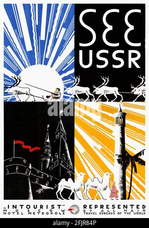 Vedere URSS. Artista sconosciuto. Poster vintage restaurato pubblicato negli anni '30 in URSS. Foto Stock