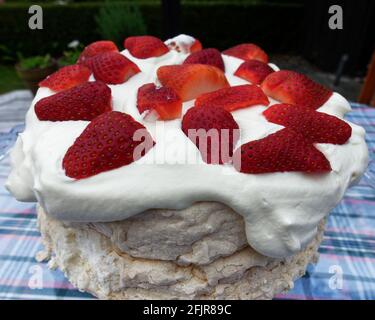 Pavlova fatta in casa con fragole e panna in un pranzo neozelandese. Foto Stock