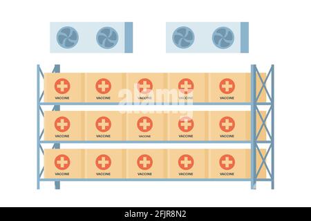 Camera di conservazione del vaccino del coronavirus a temperatura fredda. Magazzino con vaccini covidi. Campagna antivirus. Illustrazione vettoriale su stile piatto in bianco Illustrazione Vettoriale