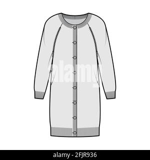 Abito maglia a collo rotondo maglione cardigan illustrazione tecnica moda con maniche lunghe raglan, corpo oversize, lunghezza ginocchio, polsino a coste a maglia. Ponticello piatto davanti, colore grigio. Donne, unisex CAD mockup Illustrazione Vettoriale