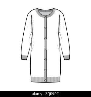 Abito a collo tondo maglione cardigan illustrazione tecnica moda con maniche lunghe, corpo oversize, lunghezza ginocchio, finitura a coste a maglia. Ponticello piatto davanti, colore bianco. Donne, unisex CAD mockup Illustrazione Vettoriale