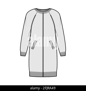 Abito con zip cardigan maglione illustrazione tecnica moda con costoletta collo equipaggio, maniche raglan, corpo oversize, finitura maglia, tasche. Ponticello piatto davanti, colore grigio. Donne uomini Unisex CAD mockup Illustrazione Vettoriale