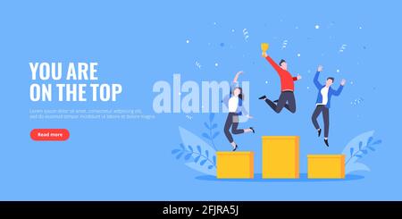 Le persone che si trovano sul podio si classificano ai primi tre posti, saltano in aria con il cappuccio del trofeo. Illustrazione Vettoriale