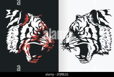 Silhouette Tiger Head Roaring Vista laterale Stencil Vector Drawing Illustrazione Vettoriale