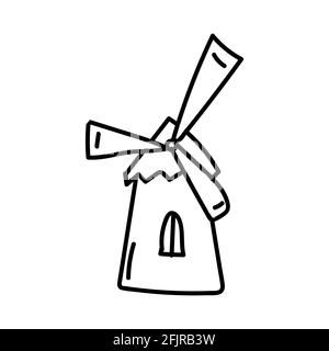 mulino a vento. Illustrazione vettoriale doodle disegnata a mano isolata sullo sfondo. Disegni semplici con colore nero. Illustrazione Vettoriale