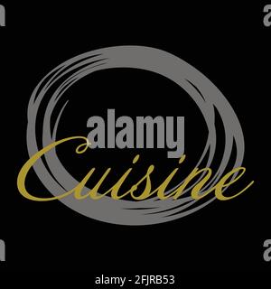 Logo astratto della cucina del ristorante. Piatto astratto su sfondo nero. Modello simbolo piatto. Disegno concettuale dell'illustrazione vettoriale. Illustrazione Vettoriale