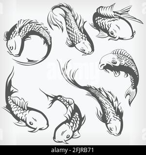 Silhouette Giapponese Carp Koi Pesce stencil Swimming Vector Drawing Illustrazione Vettoriale