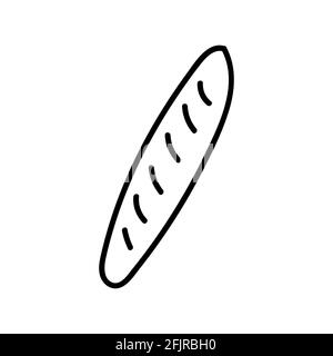 Baguette francese. Illustrazione vettoriale doodle disegnata a mano isolata sullo sfondo. Disegni semplici con colore nero. Illustrazione Vettoriale