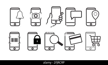 Set di icone dello smartphone. Insieme isolato vettoriale di cellulare o illustrazione mobile con icone diverse Illustrazione Vettoriale