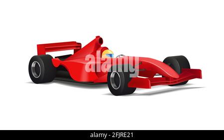 Illustrazione realistica della vettura sportiva rossa con pilota in casco giallo e con pneumatici neri, grafica dettagliata in 3d, isolata Illustrazione Vettoriale