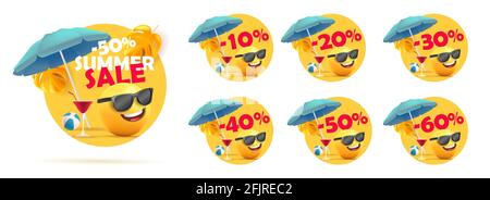 Set di sconti estivi prezzo tag, forme cerchio con illustrazione 3d del volto sorridente con ombrello blu e cocktail in occhiali da sole, con percentuale Illustrazione Vettoriale