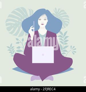 Donna orientale seduta comodamente con un laptop e una matita, circondata da piante Illustrazione Vettoriale