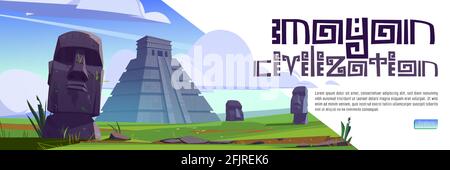 Banner web cartoon civiltà Maya. Antiche piramidi di maya e statue di moai sull'isola di Pasqua. Luoghi di interesse sudamericani Chichen Itza e templi di Kukulkan con sculture in pietra, illustrazione vettoriale Illustrazione Vettoriale