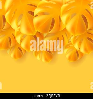 Sfondo giallo luminoso con giallo monocolore tropicale grandi foglie 3d sulla parte superiore della composizione, sfondo trendy banner Illustrazione Vettoriale