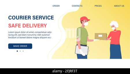 Cibo, tazze, merci per servizio in linea di consegna degli anziani. Pacchetti per il trasporto del deliveryman con prodotti ordinati. Supporto sociale per il pensionamento. Coronavirus Illustrazione Vettoriale