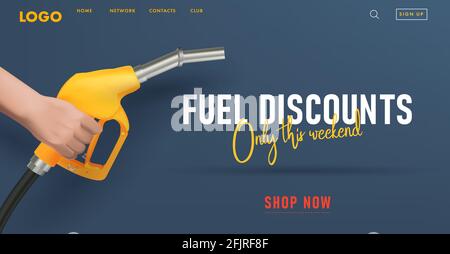 Banner Web benzina rifornimento con dispositivo realistico giallo per riempire l'auto con benzina illustrazione 3d della pistola ugello carburante, modello pagina di destinazione su Illustrazione Vettoriale