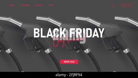 Banner Web vendita Black Friday con ugello nero per carburante o gas, grafica monocromatica 3d moderna per la pubblicità web Illustrazione Vettoriale