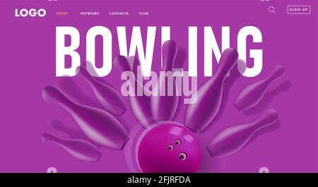 Banner o poster web moderno con palline da bowling 3d monocromatiche violette, grafica moderna e minimalista Illustrazione Vettoriale
