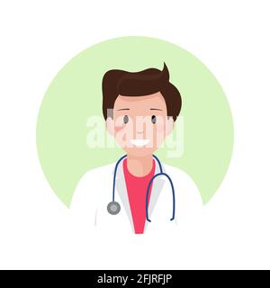 Avatar medico maschile piatto in camice medico e con stetoscopio. Illustrazione del vettore sanitario. Persone cartoon avatar profilo icona personaggio. Illustrazione Vettoriale