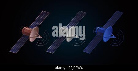 Set di icone di illustrazione del satellite Isometric GPS in tre colori, rosso blu e metallo argento, grafica a gradiente Illustrazione Vettoriale