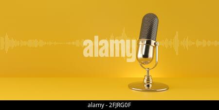 Microfono in oro e onda sonora su sfondo giallo panoramico. Podcast, live, concetto di streaming. rendering 3d. Foto Stock
