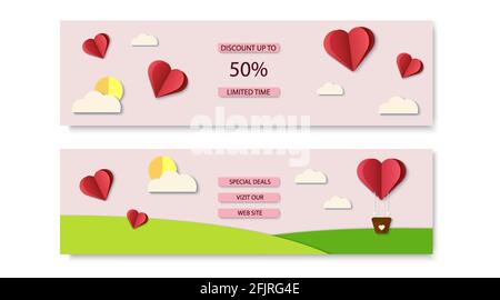 Modelli di social media con tema Love. Priorità bassa della vendita di San Valentino per i social media con cuore, palloncino, nuvole. Carta da parati, volantini, invito Illustrazione Vettoriale
