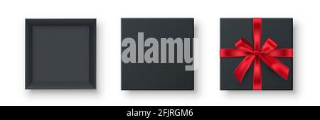Confezione regalo con set di prua rossa. Confezione regalo vuota nera aperta e chiusa con nastro per Natale, Capodanno, anniversario o matrimonio illustri Illustrazione Vettoriale