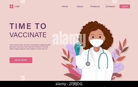 Illustrazione vettoriale con una donna afro americana in uniforme medica, maschera di protezione del viso e siringa. Testo tempo di vaccinazione. Modello pagina di destinazione Illustrazione Vettoriale