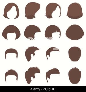 capelli donna e uomo, silhouette vettoriale, vista frontale posteriore e laterale Illustrazione Vettoriale