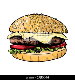 big burger, hamburger disegno a mano vettore illustrazione schizzo stile retrò. Illustrazione Vettoriale