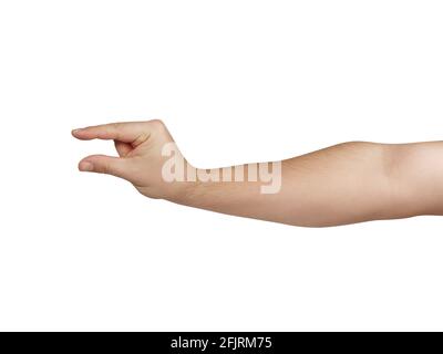 Chiudi il braccio maschio e la mano che tiene qualcosa o picking gesto isolato su bianco Foto Stock