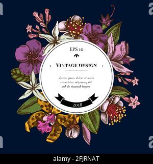 Badge sopra il design con laelia, fiori feijoa, cespuglio di gloria, papilio torquatus, cinchona, cattleya aclandiae Illustrazione Vettoriale