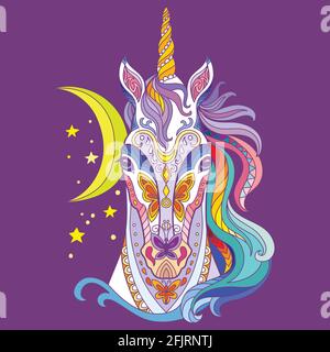 Testa di unicorno con doodle e zentangle elementi. Illustrazione colorata astratta vettoriale isolata su sfondo viola. Per design, stampa, decorazione, tatt Illustrazione Vettoriale