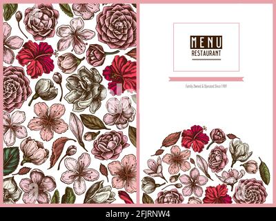 Menu copertina floreale con hibiscus colorato, fiori di prugne, fiori di pesca, fiori di sakura, fiori di magnolia, camellia japonica Illustrazione Vettoriale