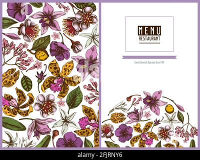 Menu copertina floreale con laelia colorata, fiori feijoa, cespuglio di gloria, papilio torquatus, cinchona, cattleya aclandiae Illustrazione Vettoriale