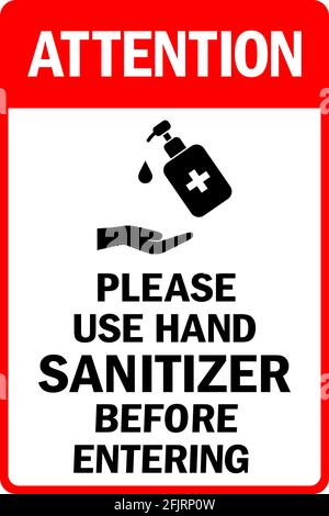 Utilizzare l'igienizzatore per le mani prima di entrare. Cartelli di sicurezza COVID 19. Illustrazione Vettoriale