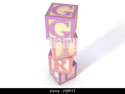 Una pila di blocchi di lettere giocattolo in legno in sfumature di impostazione rosa per incantare la parola ragazza su Uno sfondo bianco isolato dello studio - rendering 3D Foto Stock