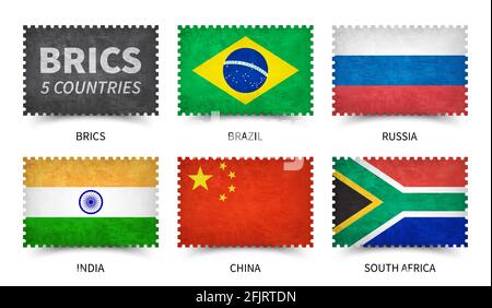 BRICS . Associazione di 5 paesi . Forma del timbro con grana della carta . Sfondo bianco isolato . Vettore elemento . Illustrazione Vettoriale