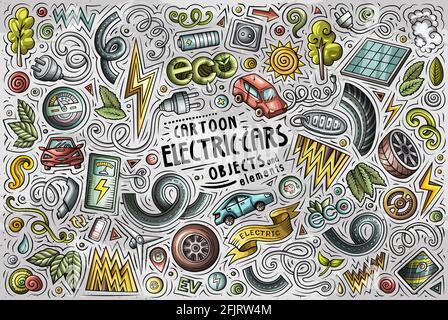 Colorato vettore Doodle disegnati a mano cartoni animati di automobili elettriche tema oggetti, oggetti e simboli Illustrazione Vettoriale