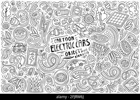 Line art vettoriale doodle disegnate a mano cartoon set di oggetti tema auto elettriche, oggetti e simboli Illustrazione Vettoriale