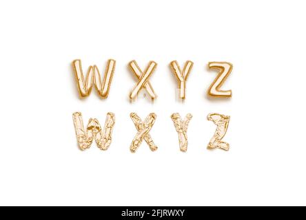 Lettere W X Y Z in oro sgonfio, carattere bollatura, rendering 3d. Simbolo dell'elio maiuscolo per il segno a sorpresa. Scritta in lamina di bolle per compleanno o. Foto Stock